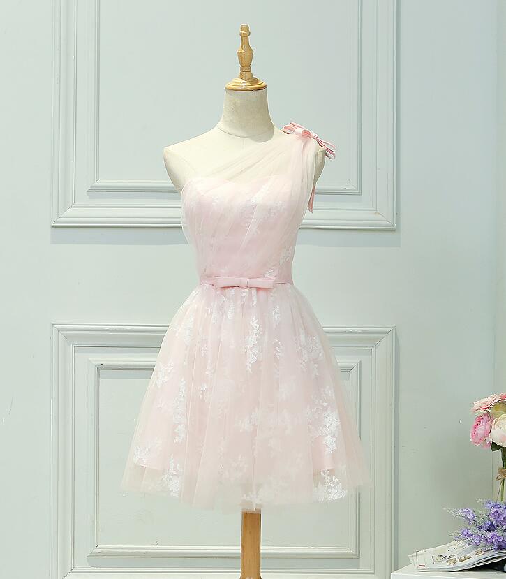 

Lovely Pink Bridesmaid Dresses One Shoulder Sleeveless Knee Length Wedding Party Dresses Cheap Country Style Free Shipping Real Pictures