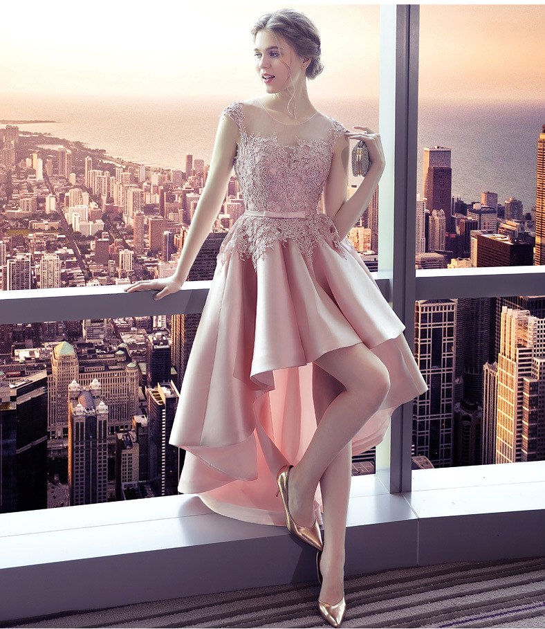 

Elegant Rose Pink High Low Prom Dresses 2020 Sheer Lace Satin Sash Graduation Homecoming Gowns African USA UK Cocktail Party Dresses