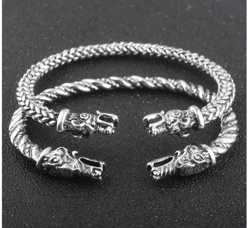 

RJ Newest Fashion Handmade Opening Vikings of Midgard Bangles Double wolf Faucet Head Bracelet Two-headed Wolf Men Bracelet