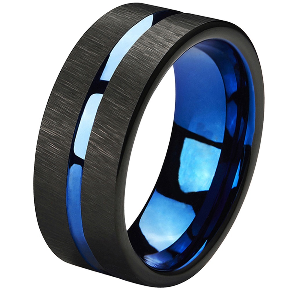 Anillo de Tungsteno Joyas Para Hombre Centro Negro Cepillado Azul Banda de novia de borde de escalera
