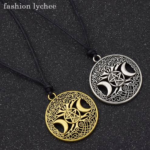 

fashion lychee Vintage Triple Moon Goddess Tree Of Life Pendant Necklace Wiccan Pentagram Supernatural Amulet