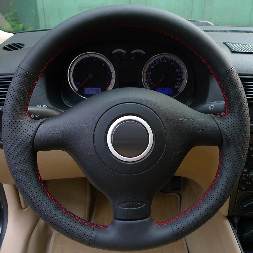 Black Leather Hand -stitched Car Steering Wheel Cover for Volkswagen VW Golf 4 Mk4 Passat B5 1996-2003 Seat Leon 1999-2004 Polo-image-429697137