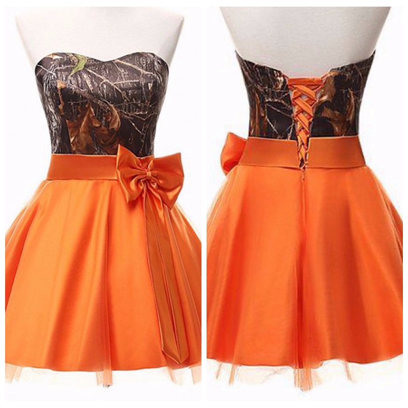 

2018 Real Photos Sweetheart Camo A-Line Bridesmaids Dresses Short Orange Lace Up Back Vestidos De Bridesmaid Party Gowns Honor Of Maid
