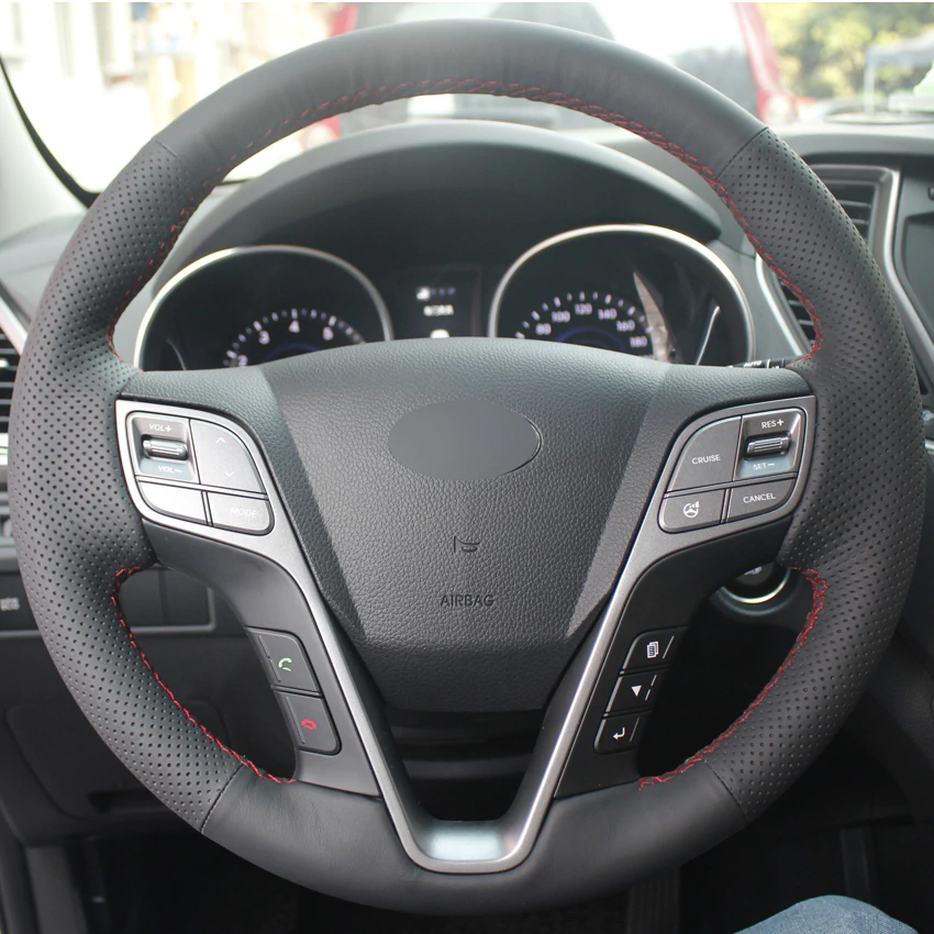 Black Leather Hand-stitched Car Steering Wheel Cover for Hyundai Santa Fe 2013 2014 2015 2016 Hyundai ix45-image-430167986