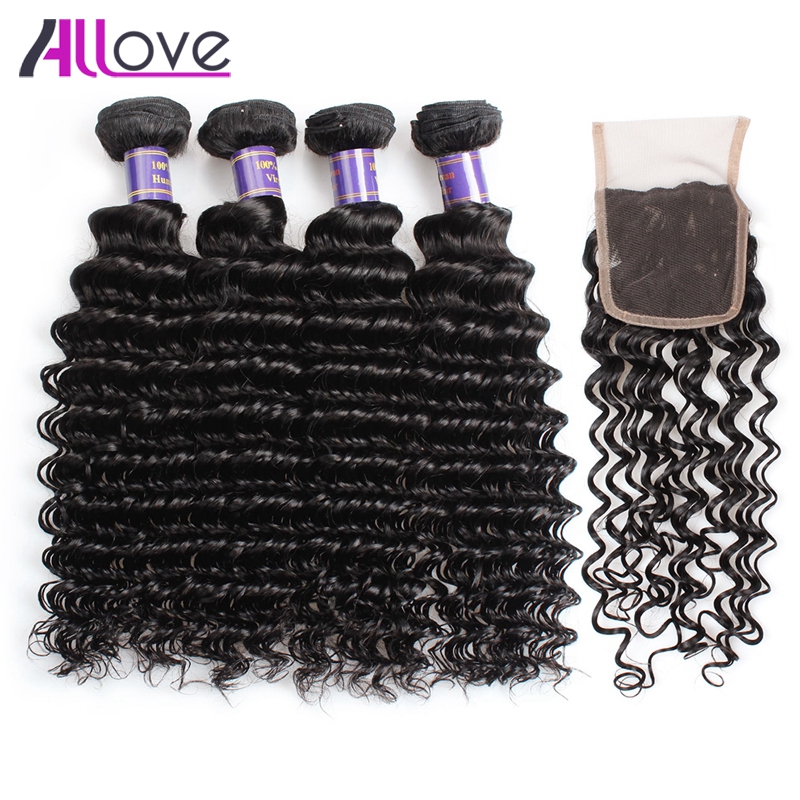 

Allove 8-28 inch Deep Curly Wave Wefts 4PCS Human Hair Bundles with Lace Closure Brazilian Virgin Extensions for Women All Ages Jet Black, Natural color