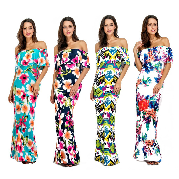 

Charming Women Sexy Long Sleeve Summer Fashion Style Long Party Dress Leisure Female Floral Print Dress Ladies Maxi Dress, White