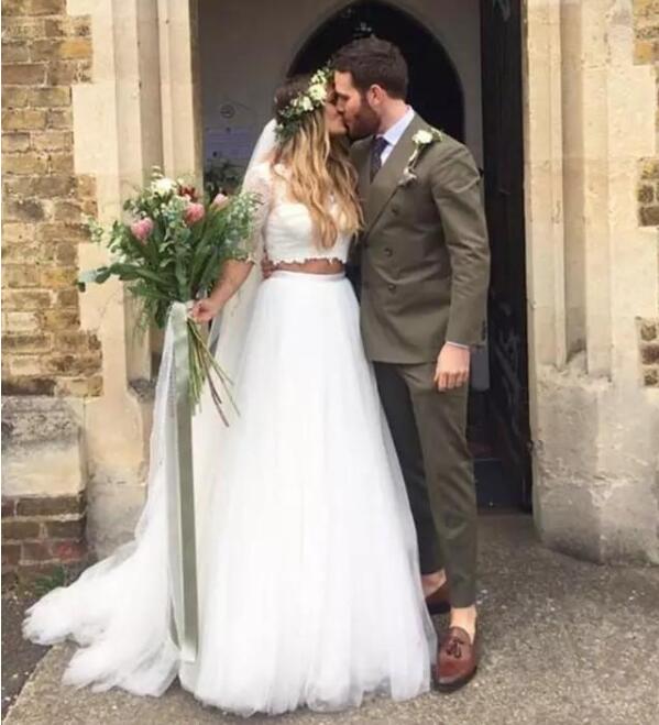 

High Quality Boho Two Piece Beach Wedding Dresses 2 Piece Bridal Dress Boho with Lace Half Sleeves In Stock, Champagne