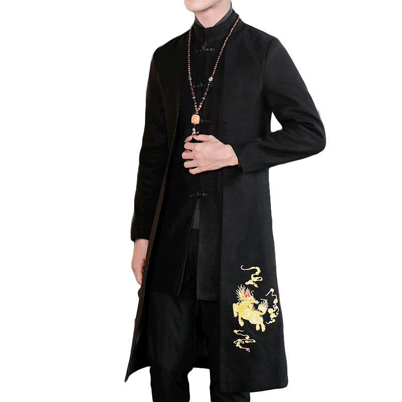

Long Jacket Men New Winter Embroidery Long Coat Men Chinese Style Overcoat Man 5XL Large Size, Black