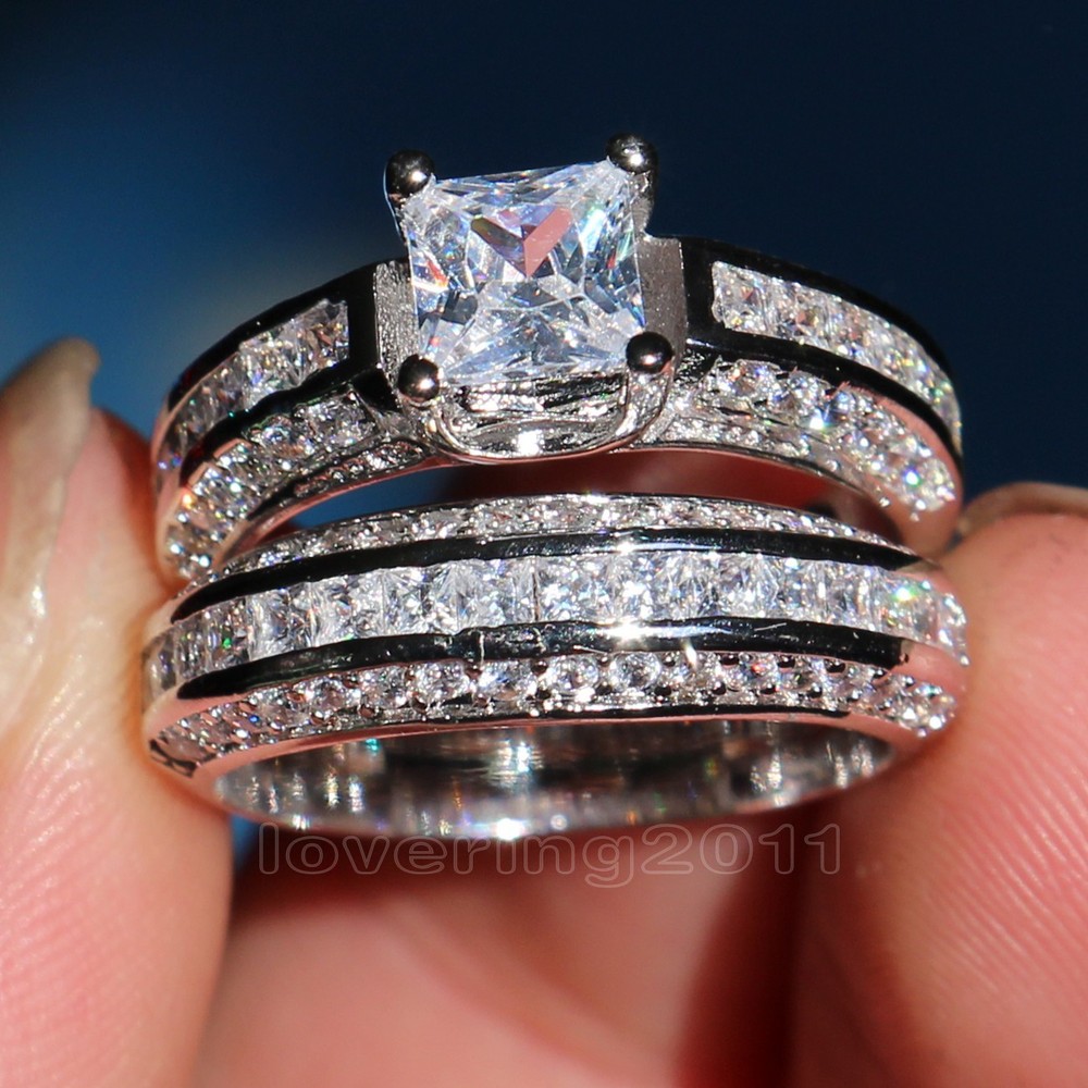 

choucong Noble Princess cut Stone 5A Zircon stone 10KT White Gold Filled engagement Wedding Band Ring Set Sz 5-11 Gift