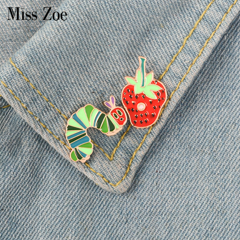 

Strawberry Caterpillar enamel pin Cartoon Plant Animal badge brooch Lapel pin Denim Jeans shirt bag Funny Cute Jewelry Gift