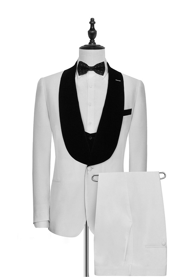 Black Velvet Shawl Lapel White 3 Piece Suit Groom Tuxedos Man Wedding Suit Men Business Prom Excellent Blazer(Jacket+Pants+Tie+Vest) 1211