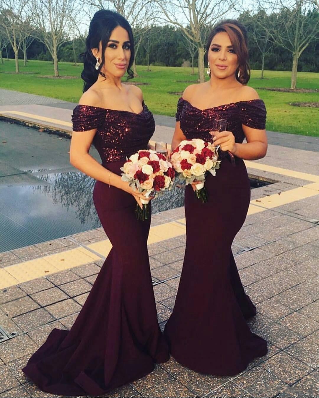 

2018 Cheap Burgundy Pink Off Shoulder Mermaid Long Bridesmaid Dresses Sequins Bling Top Wedding Guest Dresses Plus Size Maid of Honor Gowns