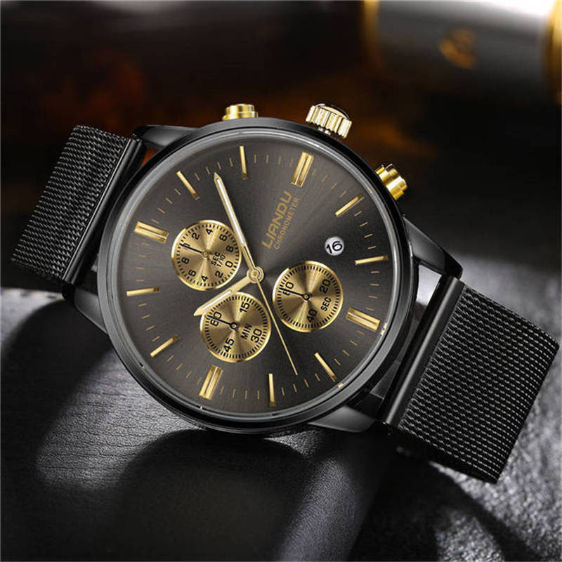 LIANDU Mode Hommes Chronographe Lumineux Cadran Noir Montre À Quartz Simulé En Acier Inoxydable Maille Montre avec Boîte-Cadeau