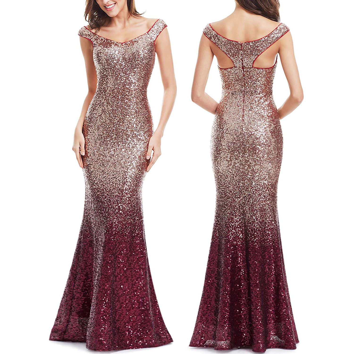 

2019 Women Sparkling Gradual Champagne Gold Sequin Mermaid Cap Sleeves Evening Dress Prom Dress robe de soiree formal dress evening gown, Pink