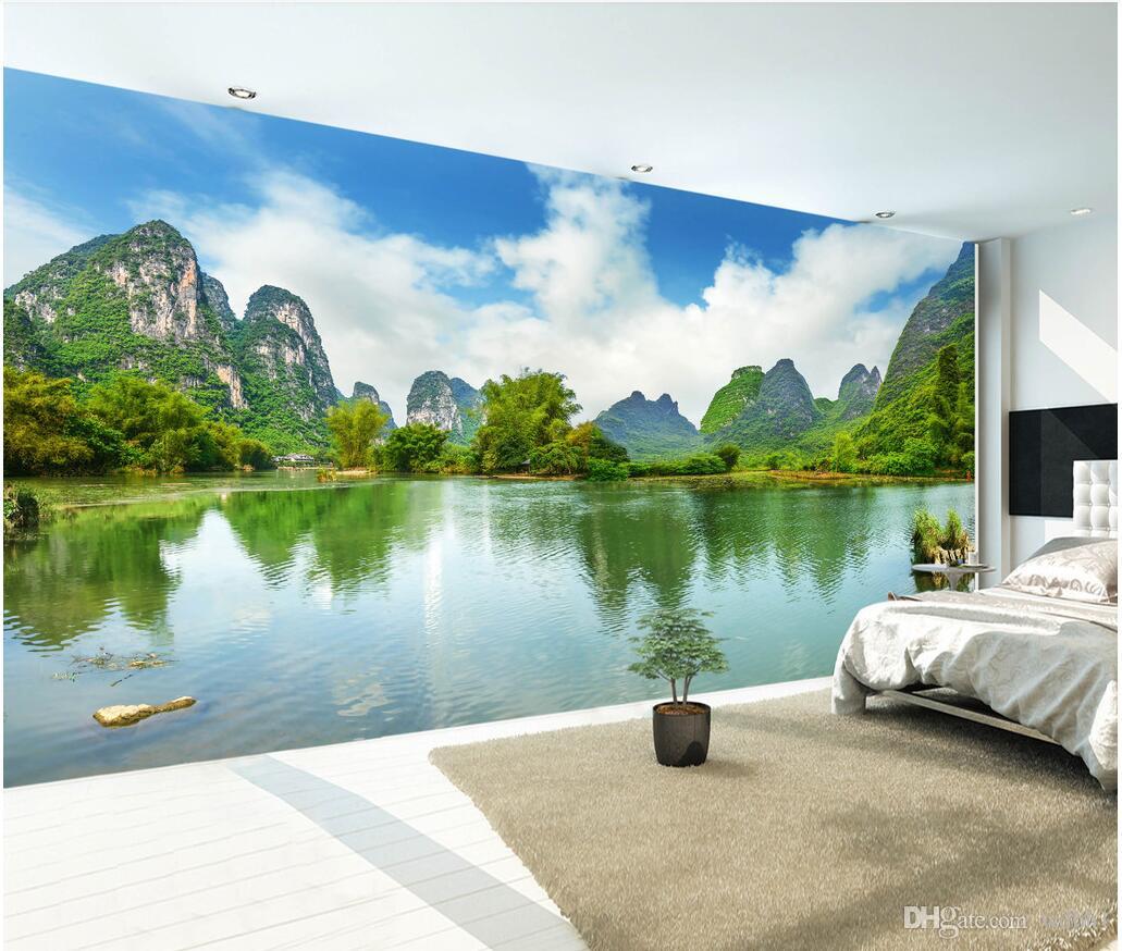 

3d wallpaper custom photo Guilin landscape blue sky white clouds tree scenery TV background wall 3d wall muals wall paper for walls 3 d, Green