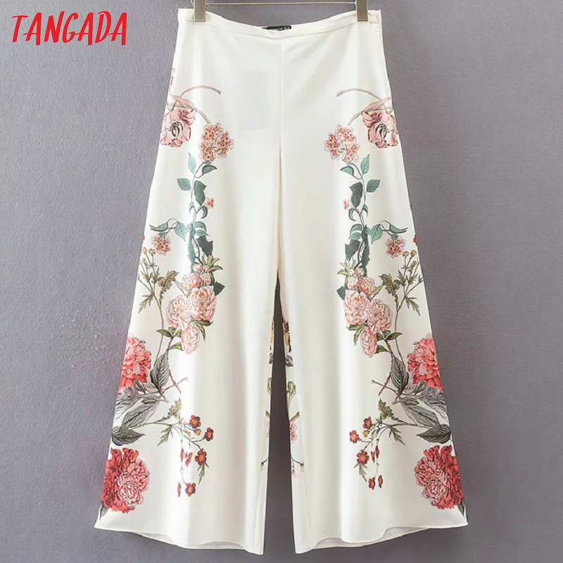 

Wholesale-Tangada Floral Print Fashion Trousers Women Female Wide Leg Pants Summer Beach Boho Pants 2017 Loose White Pants Bottom JE, Multi