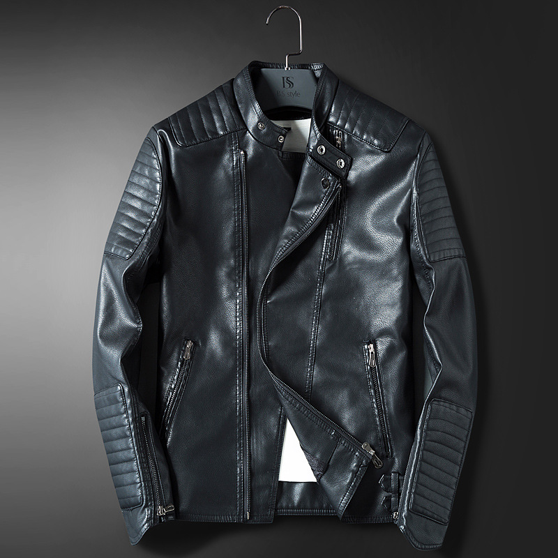 Wholesale- LEDINGSEN Mens Blue Motorcycle Leather jacket Men Slim Fit Red Casual Jacket Coat Autumn Winter Leather Clothing Windbreaker