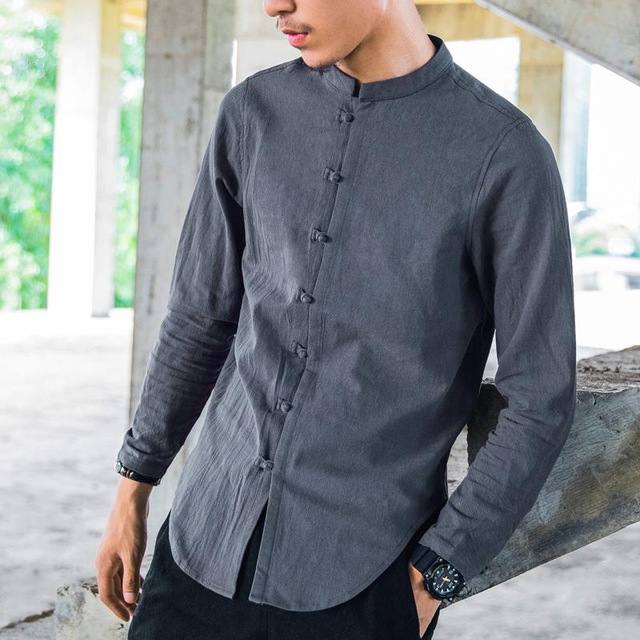 2020 Zeeshant Men Linen Shirts Long Sleeve Chinese Style Mandarin