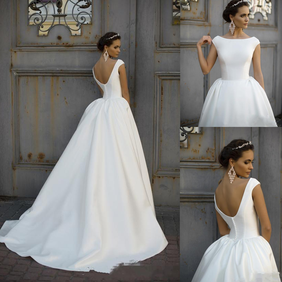 Cheap Boat Jewel Neck Ruched Draped Cap Sleeves A Line Wedding Dresses V Back Satin Sweep Train Plus Size Custom Bridal Gowns
