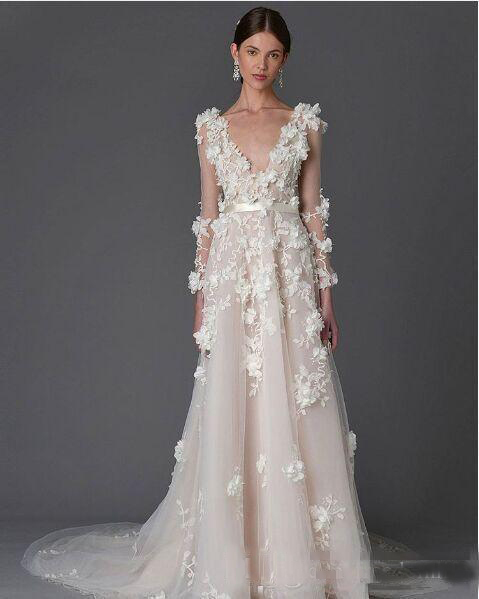

Modest Marchesa Lace Bohemian Beach Wedding Dresses 3D Foral Appliques Dubai Arabic Handmade Flower Country Bridal Gowns Long Sleeve, Same as image