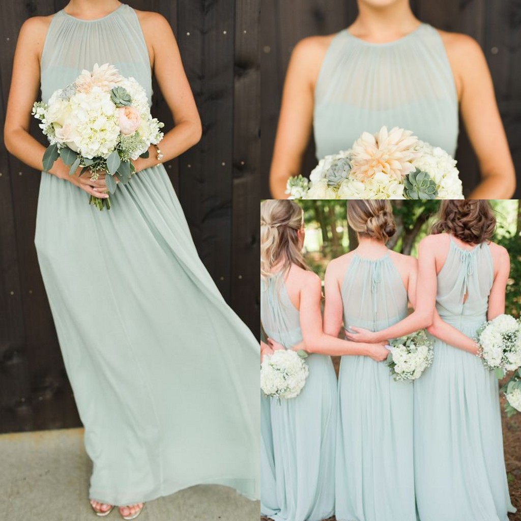 

Mint Green Cheap Beach Summer Bridesmaid Dresses Halter Neck Chiffon Floor Length Pleats Floor Length Bridesmaid Gowns Custom Bohemian