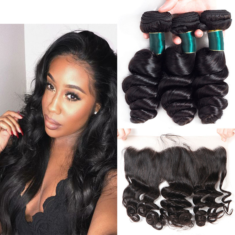 

10A Loose Wave Human Hair 3Pcs Bundles With 13x4 Ear To Ear Lace Frontal Closure Unprocessed Brazilian Virgin Human Hair Weaves Extensions