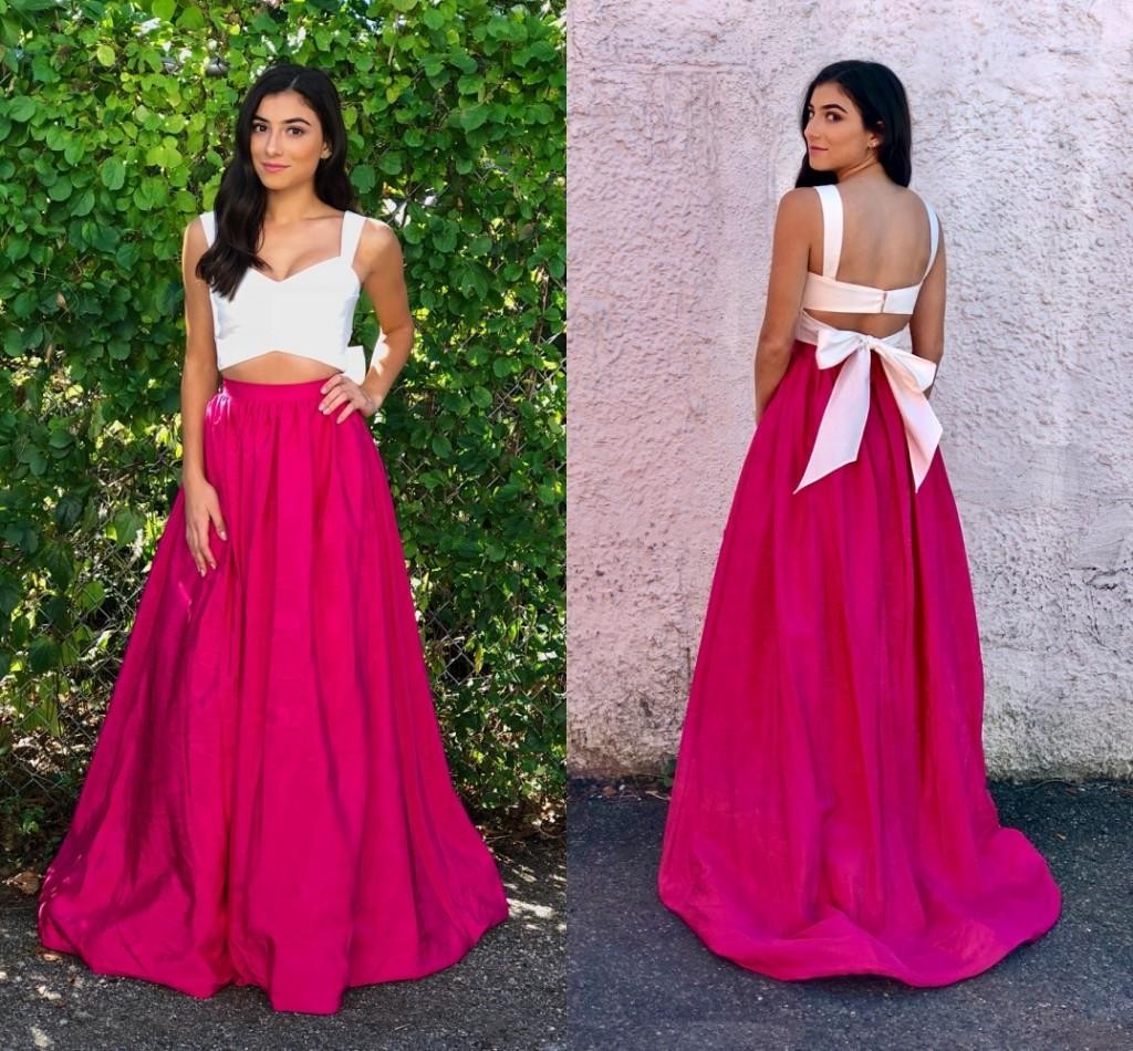 

Cute Two Piece Prom Dresses V Neck Straps Satin Taffeta White Pink Backless Prom Dresses Graduation Dresses Sweep Train, Green