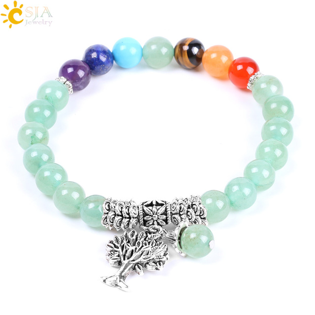 

CSJA 8mm Natural Stone Green Aventurine Rainbow 7 Chakra Beads Yoga Bracelets Hot Sell Healing Bangles Tree of Life Women & Men Jewelry F127, Black
