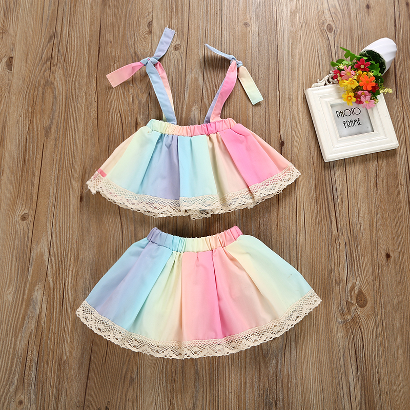 

Hot Selling Baby Sets INS Summer Girls Sleeveless Sling Lace ainbow Top+Pant Skirt 2 pcs Suit 2018 Children Fashion Clothing Sets, White
