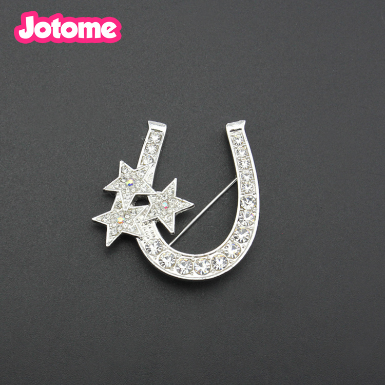 Silver Tone Clear Rhinestone Horseshoe Brooch Pin Letter U Shape Brooches for Women-image-433400455