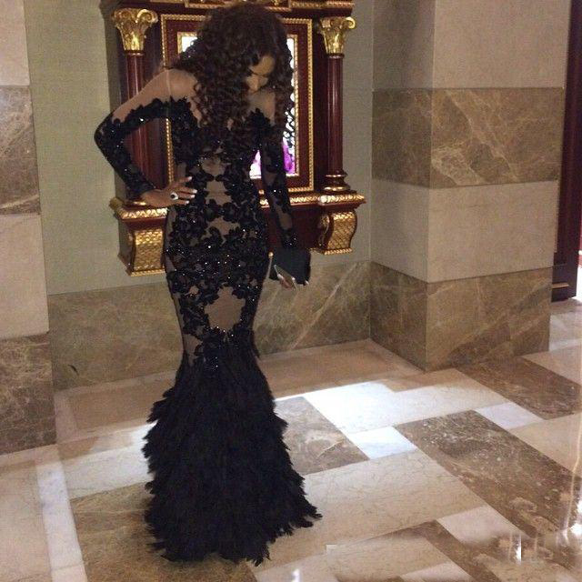 

2019 Black Applique Lace Luxury Feather Evening Dresses Sheer Long Sleeves Champagne Tulle Lining Arabic Mermaid Formal Prom Gowns, Dark navy