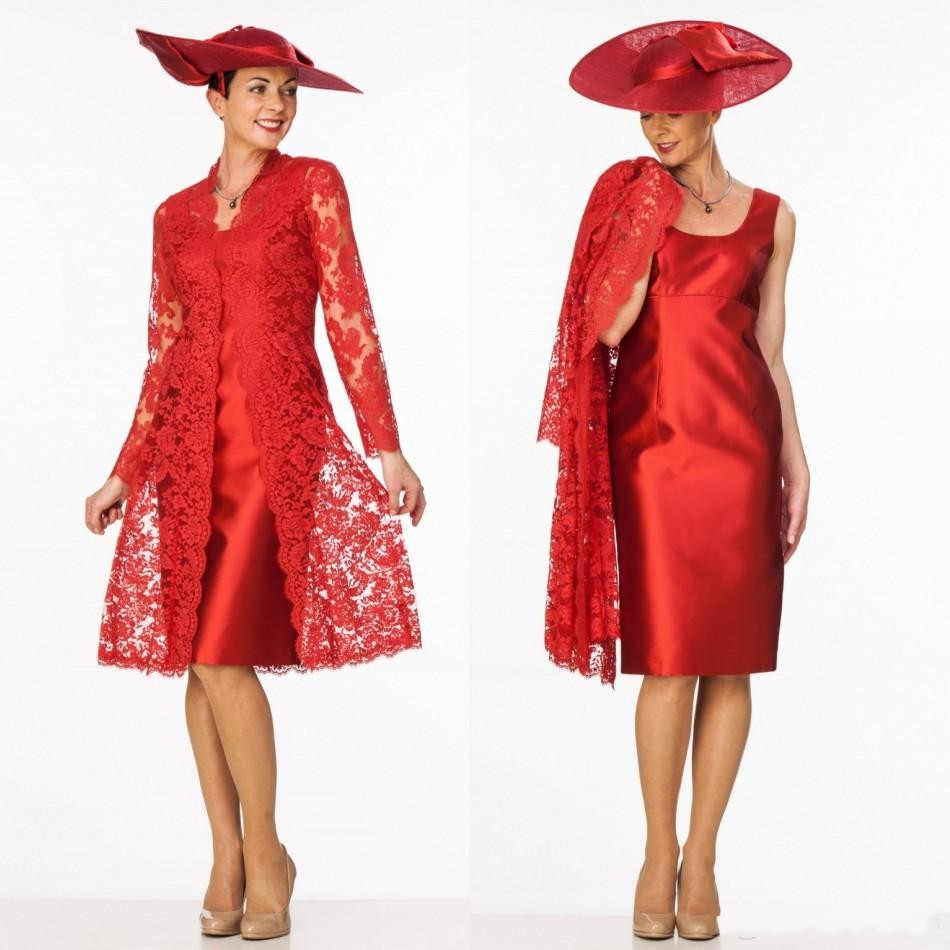 

Sheath Red Mother of The Bride Dresses Suits With Long Lace Jacket Scoop Neckline Plus Size Mother Wear Knee Length Evening Prom Dress