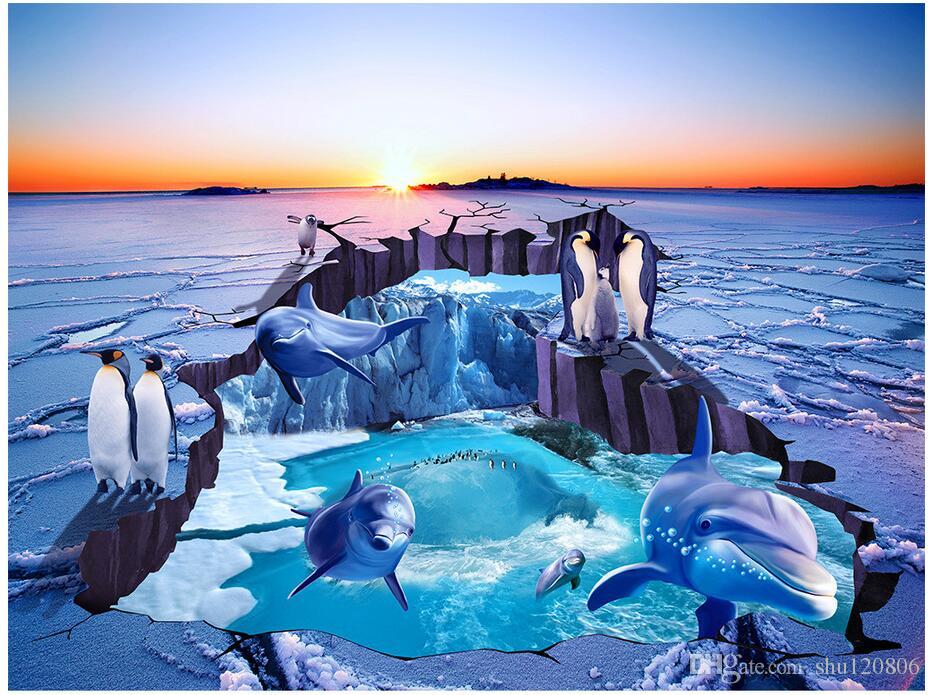

3d pvc flooring custom photo Waterproof floor wall sticker Ice glacier dolphin penguin living room 3d wall murals wallpaper for walls 3 d, Pictures show