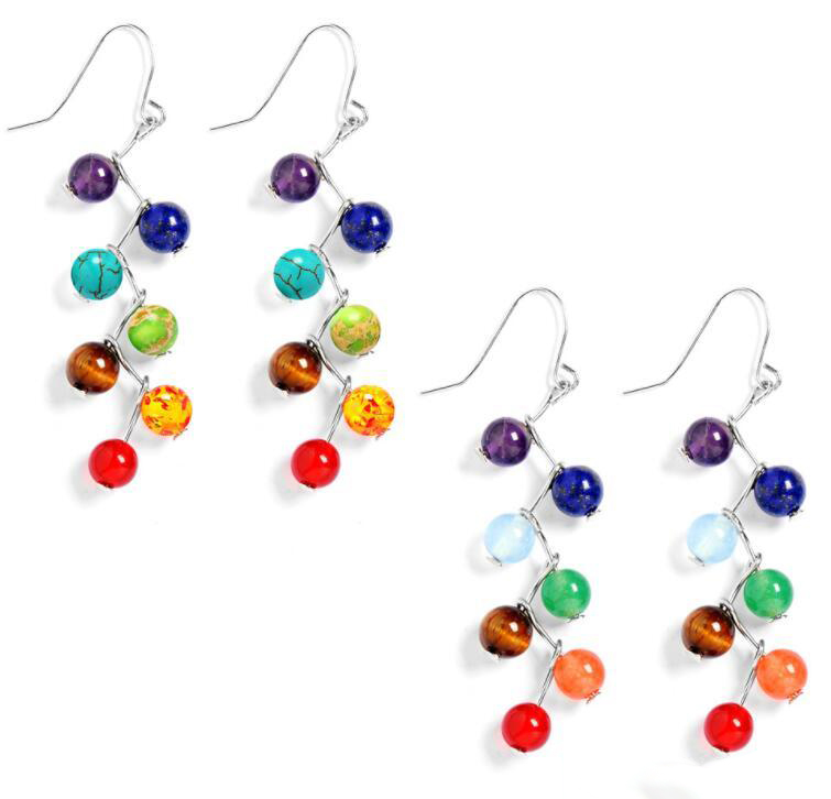 

New 7 Colour Natural Stone Beads Earrings 7 Reiki Chakra Healing Balance Beads Dangle Earrings Women Yoga Jewelry, Silver