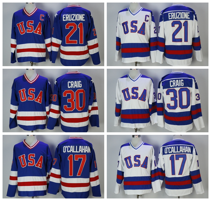 

1980 USA Olympic Hockey Jersey 21 MIKE ERUZIONE 30 JIM CRAIG 17 JACK O'CALLAHAN Blue White Vintage Stitched Jerseys C Patch, White 21