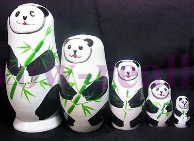 

BEAUTIFUL HANDMADE SET 5PCS PANDA RUSSIAN STACKING NESTING DOLLS