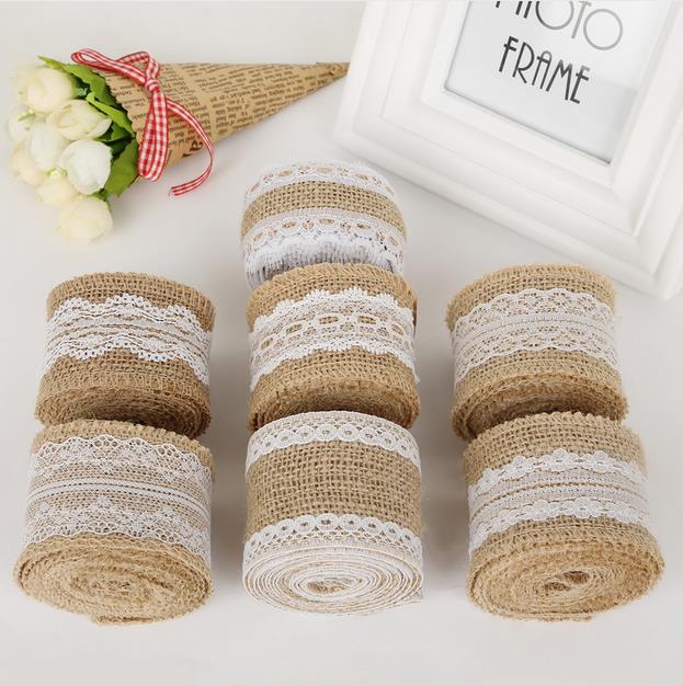 

2Meter/Pcs Width 5cm Jute Burlap Rolls Hessian Ribbon With Lace Vintage Rustic Wedding Decoration Ornament Party Wedding Decor GA344