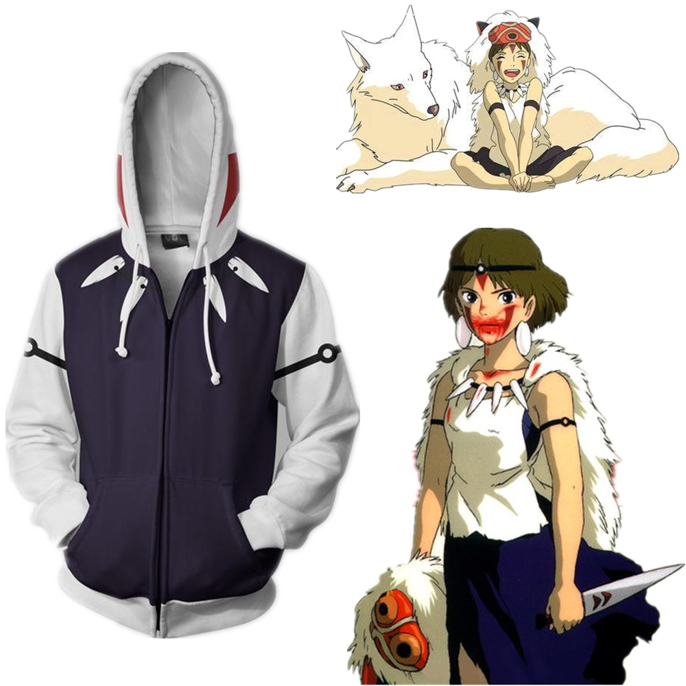 

Japan Anime Princess Mononoke Hime Miyazaki Hayao Casual 3D Cosplay Costume Long Sleeve Sports Coat Zipper Jacket Hoodies