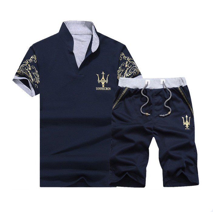 

2018 New Summer Sporting Suit Men Casual Set Tracksuit Print Stand Collar Short Sleeve Shorts Polo Shirt 2pcs Plus Size, 001