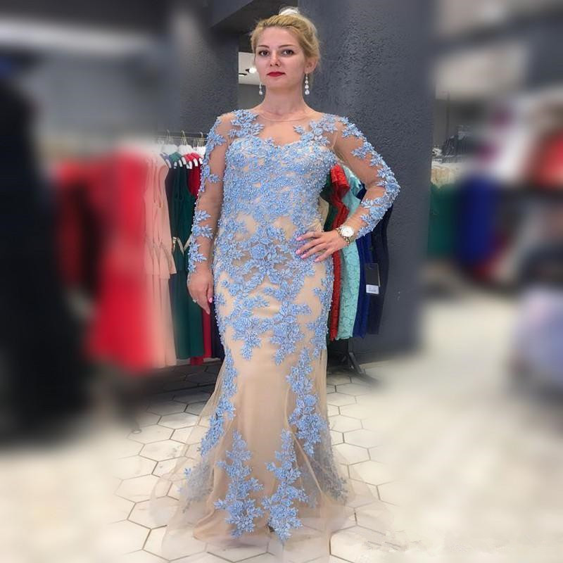 

Plus Size Mermaid Mother Of Bride Dresses With Appliques Illusion Log Sleeves Women Evening Gowns Tulle Mermaid Prom Party Dress
