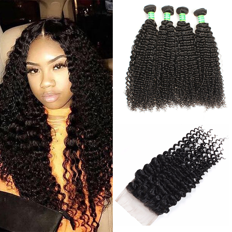 

Mongolian Kinky Curly Virgin Hair 4 Bundles With Lace Closure Unprocessed Human Hair Extension Bundles Weft Kinky Curly With Weaves Closure, Natural color