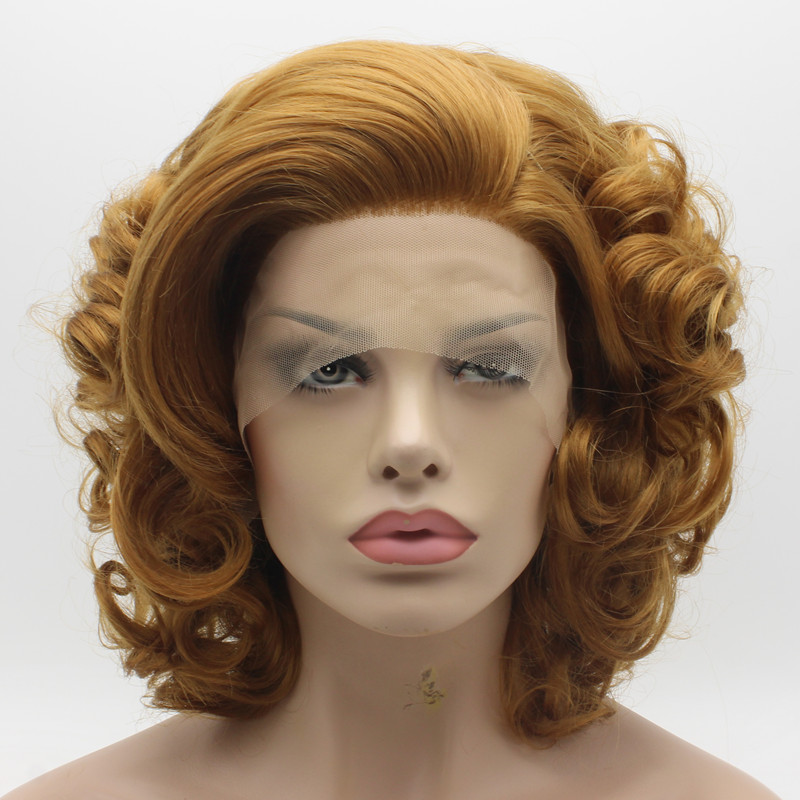 

Iwona Hair Wavy Short Honey Blonde Wig 24#27R Half Hand Tied Heat Resistant Synthetic Lace Front Wig, Black