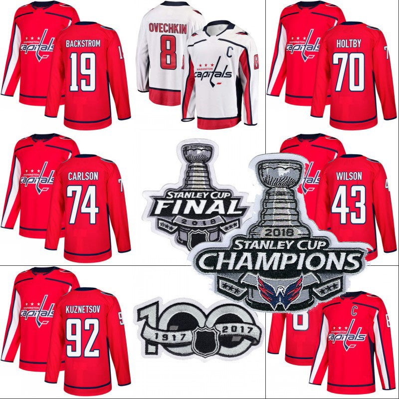 

Washington Capitals 2018 Stanley Cup Champion Jersey 8 Alex Ovechkin 19 Nicklas Backstrom 70 Braden Holtby 77 T.J. Oshie Hockey Jerseys
