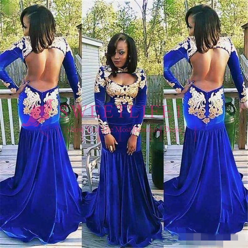 

2019 Royal Blue Sexy Open Back Mermaid Prom Dresses with gold lace applique High Neck Black Girls Long Sleeves Velvet Evening Gowns, White