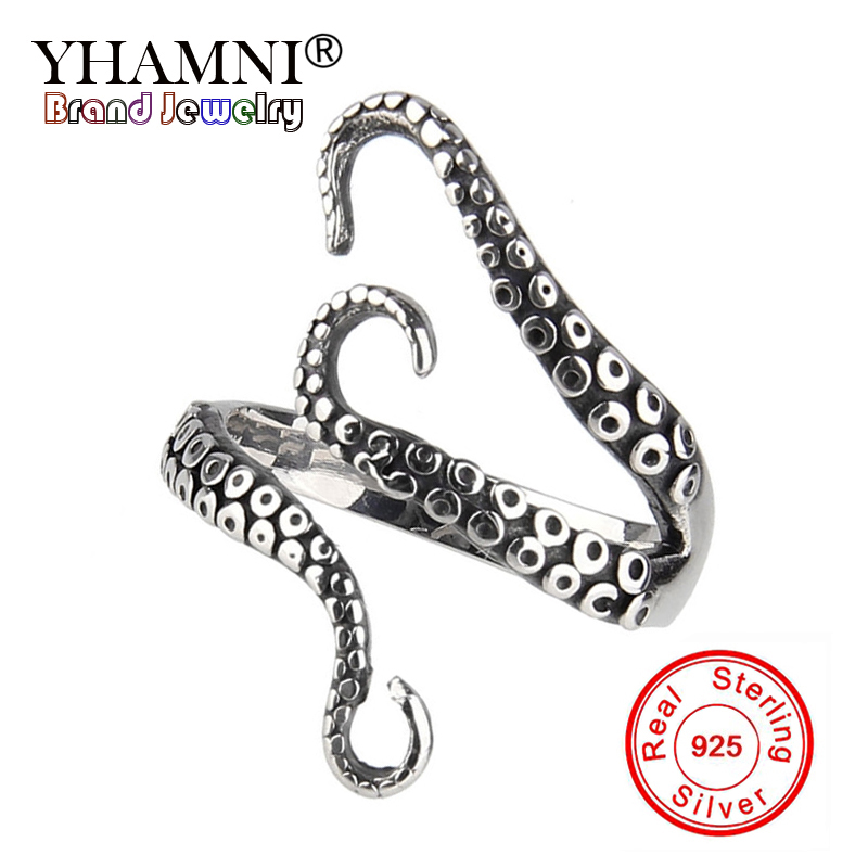 YHAMNI Original Punk Jewelry 925 Sterling Silver Rings For Women Deep Sea Squid Finger Octopus Open Rings Size Adjustable YR243