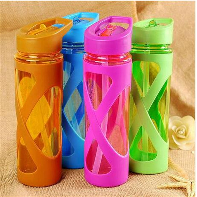 

Free shipping wholesales Water Bottle Beverage Cup Silicone Plastic Sleeve Leakproof with Straw Drink