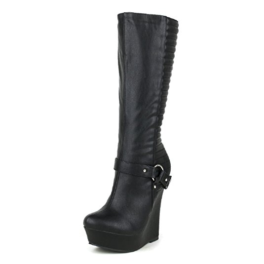 

new fashion boots pointed toes gold chain knee boots soft leather wedges winter women boots shoes women, Black
