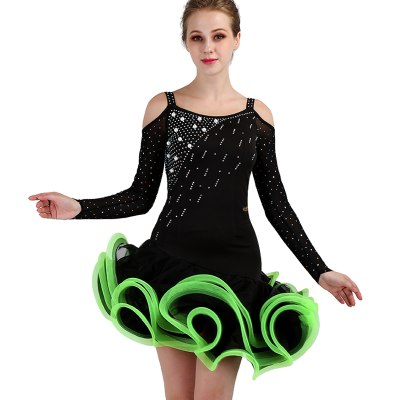 

Customized Latin Dance Dress Latin Competition Dresses Flapper D0462 Long Net Sleeve with Fluffy Hem Bulk Rhinestones, Green