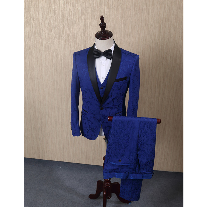 

FOLOBE Blue Jacquard Men Suits For Wedding Groom Tuxedos Mens Suits Groomsmen Suit Formal Business 3PCS Jacket+Vest+Pants