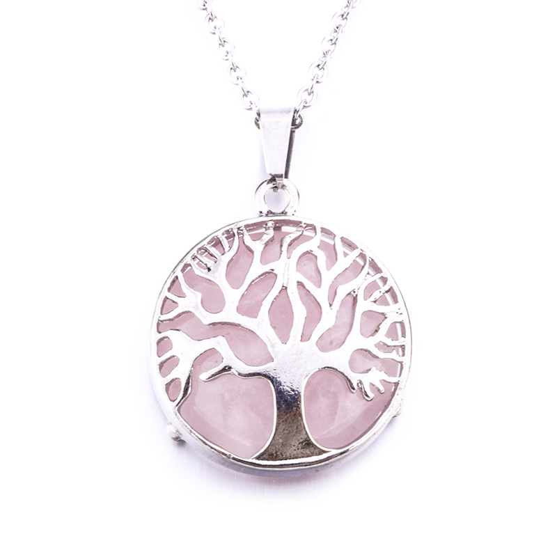 

Natural Round Gem Stone Tree of Life Necklaces Pendants Pink Quartz White Crystal Lapis Lazuli Tiger Eye Opal Neklace